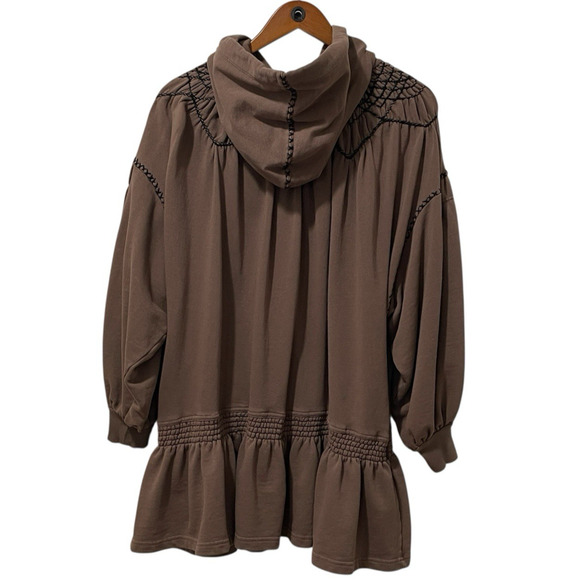 Free People Marty Smocked Sweatshirt Hooded Tunic Mini Dress Brown Bear Size Sm - Picture 2 of 12